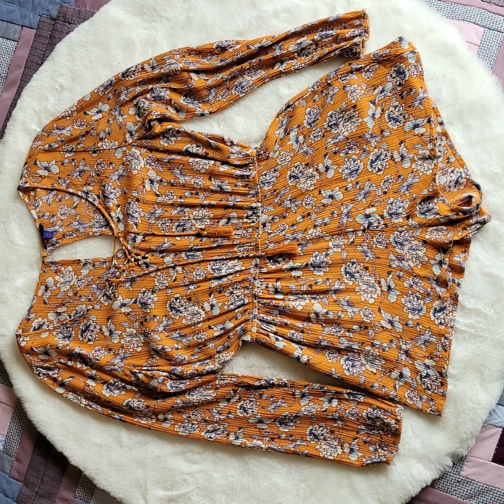 Aeropastle Mustard Yellow Floral Bohemian Hippie Long Sleeve Romper Medium